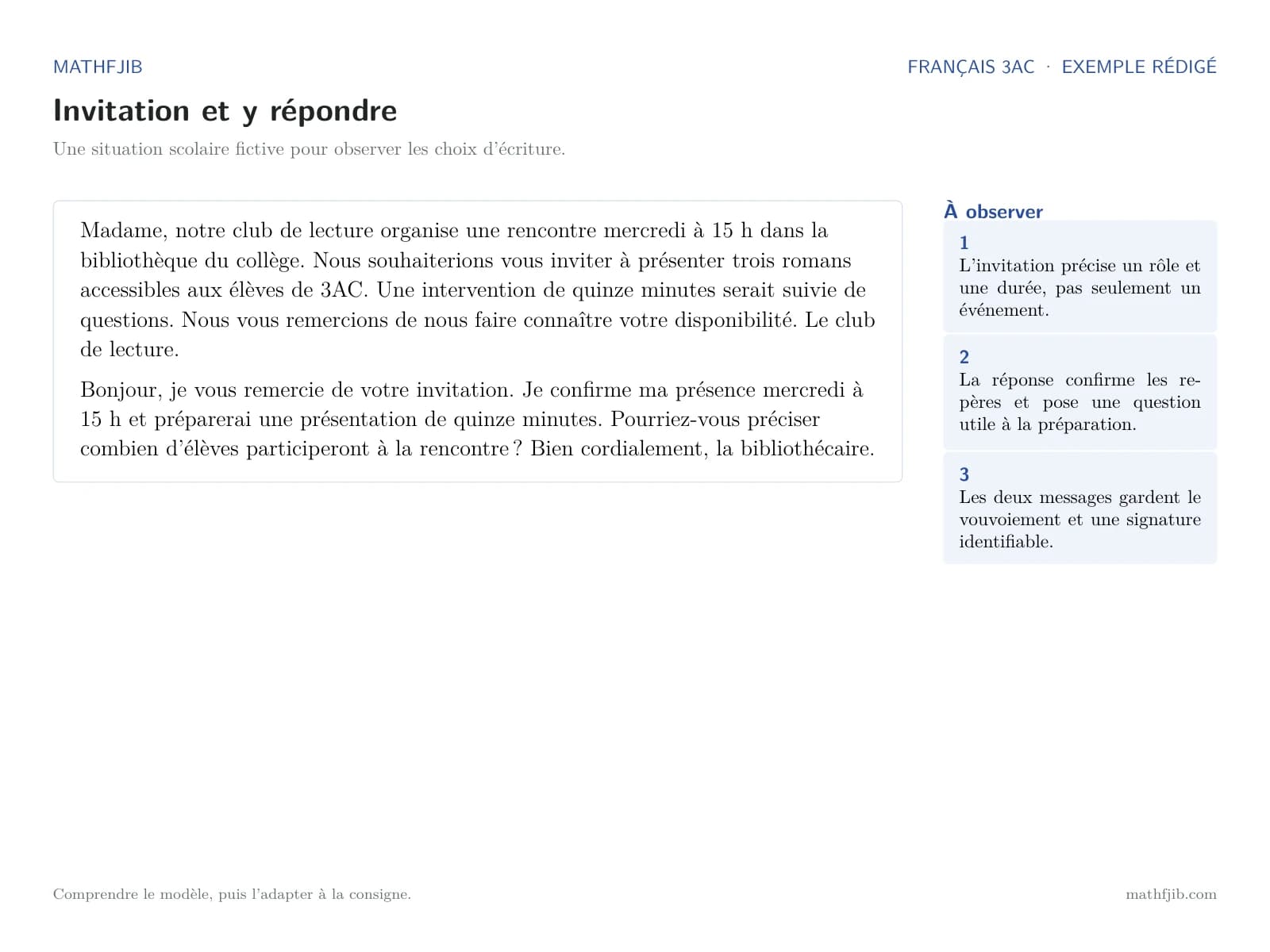 Exemple lisible : Rédiger une invitation et y répondre Exemple rédigé et lisible pour rédiger une invitation et y répondre, avec le texte, les formules et la signature.