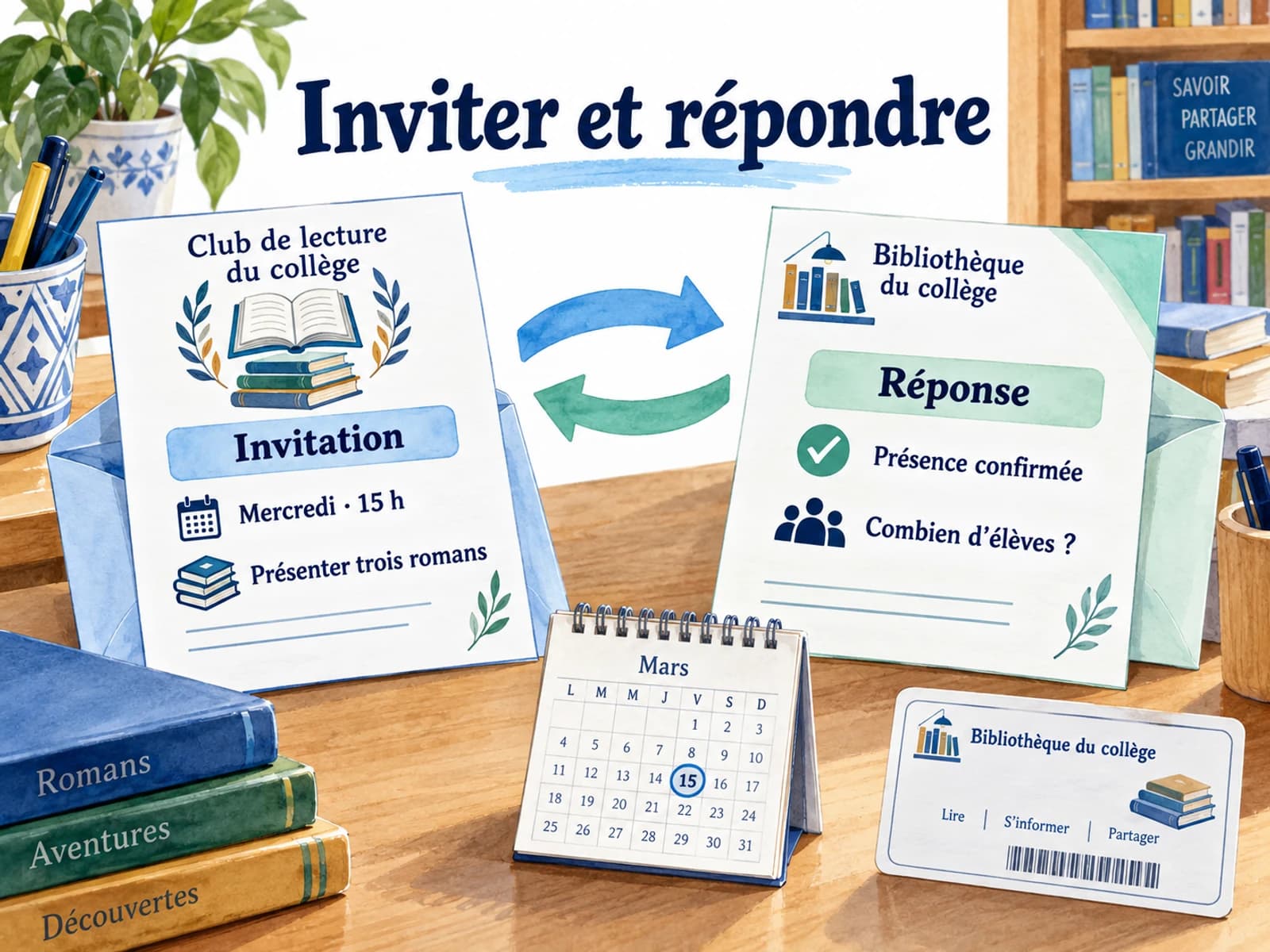 Rédiger une invitation et y répondre Deux courriers reliés montrent l’invitation du club de lecture et la réponse confirmant la présence de la bibliothécaire.