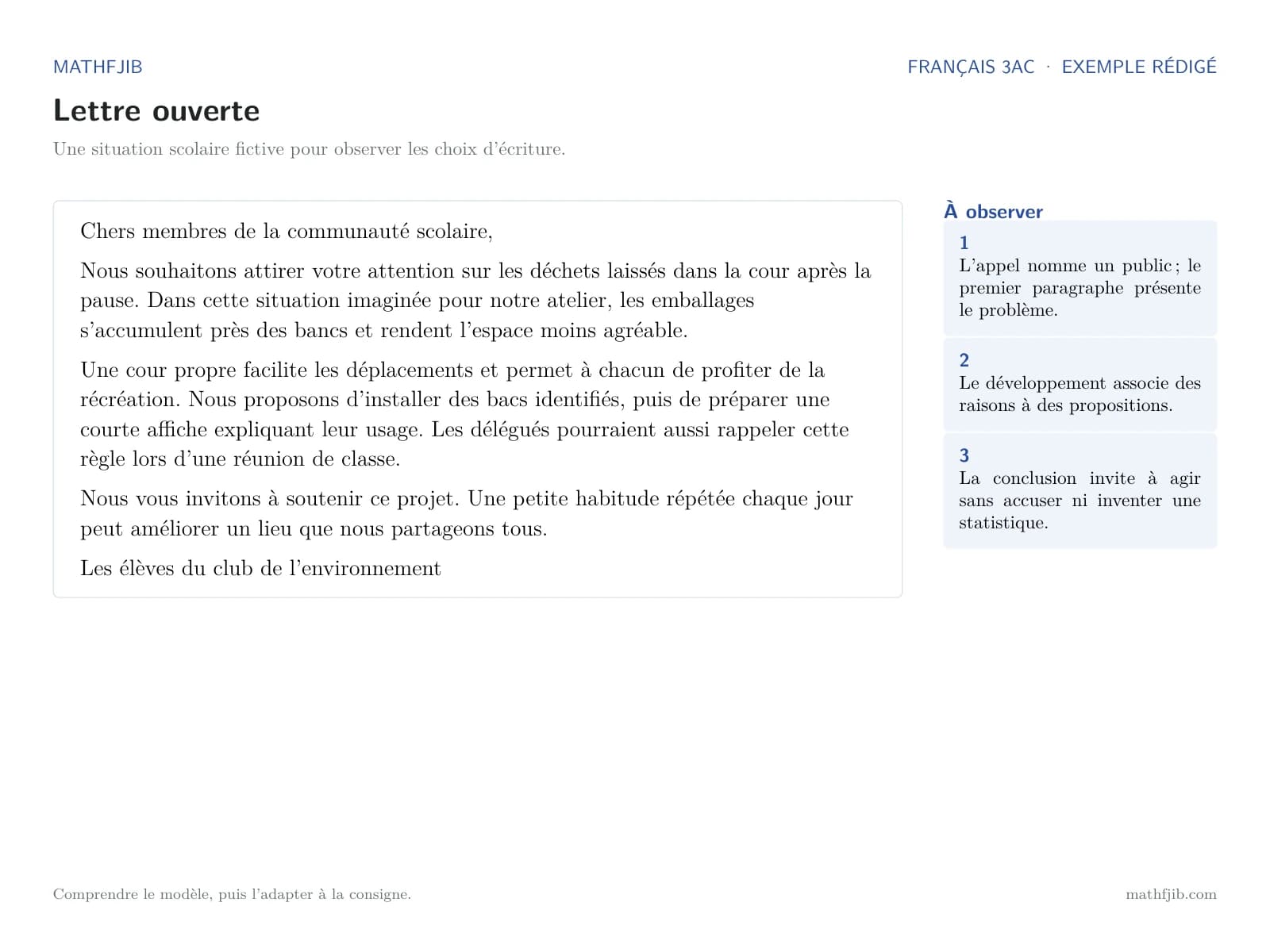 Exemple lisible : Rédiger une lettre ouverte Exemple rédigé et lisible pour rédiger une lettre ouverte, avec le texte, les formules et la signature.