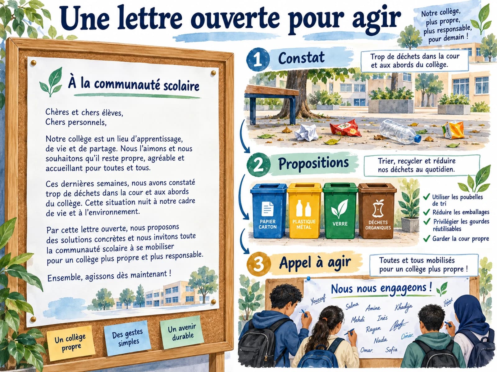 Rédiger une lettre ouverte Une lettre affichée dans le collège relie le constat de déchets, les propositions de tri et un appel collectif à agir.