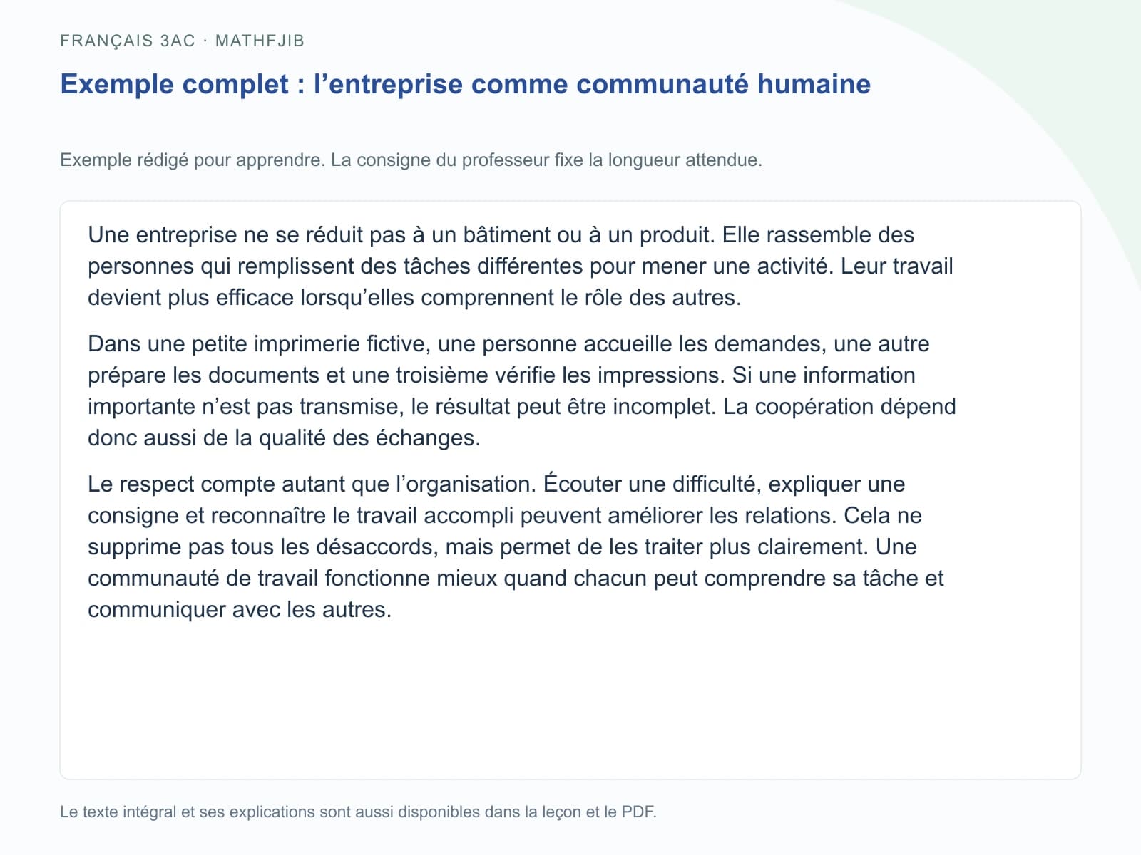 Exemple complet : l’entreprise comme communauté humaine Exemple de l’entreprise comme communauté humaine, présenté avec ses paragraphes complets et repris dans le texte du cours.
