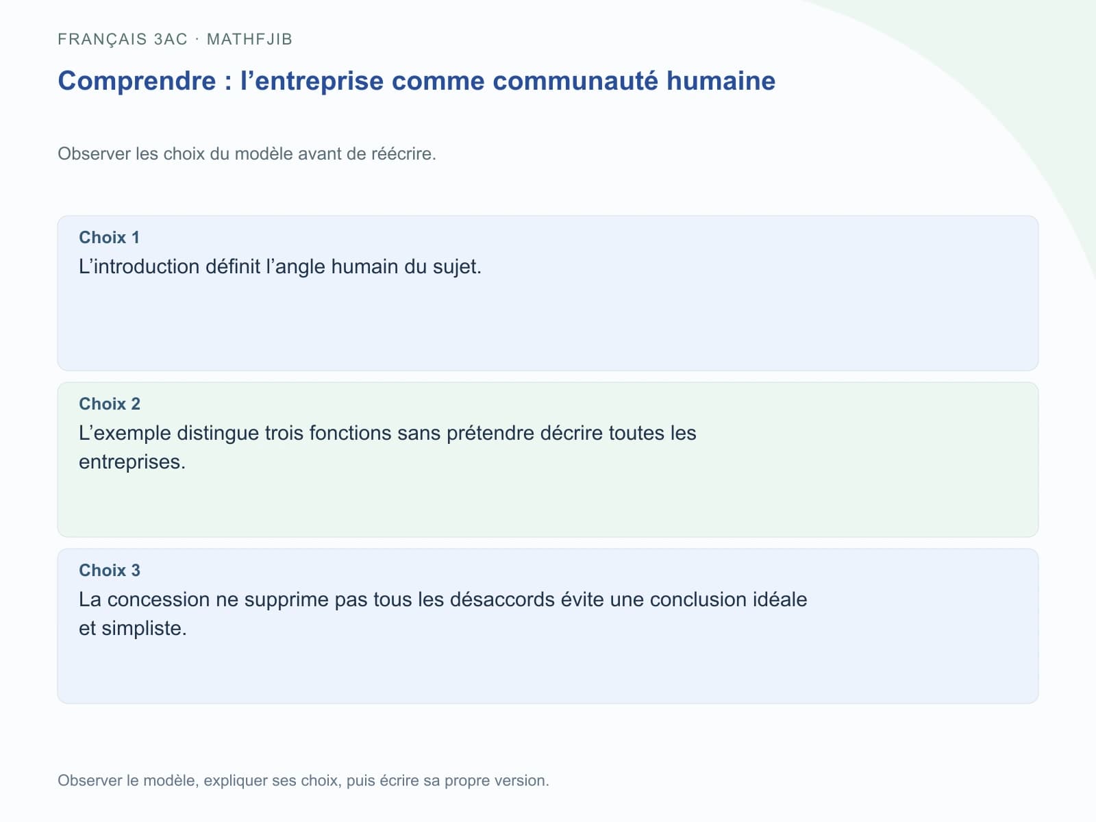 Comprendre : l’entreprise comme communauté humaine Choix 1 : L’introduction définit l’angle humain du sujet.. Choix 2 : L’exemple distingue trois fonctions sans prétendre décrire toutes les entreprises.. Choix 3 : La concession ne supprime pas tous les désaccords évite une conclusion idéale et simpliste.
