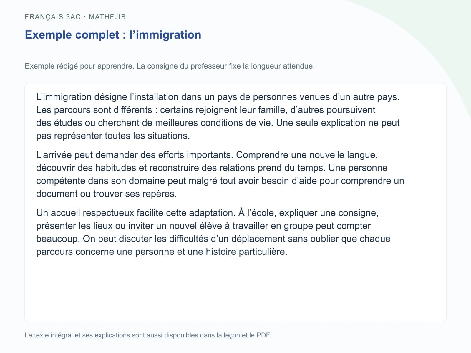 Exemple complet : l’immigration Exemple de l’immigration, présenté avec ses paragraphes complets et repris dans le texte du cours.