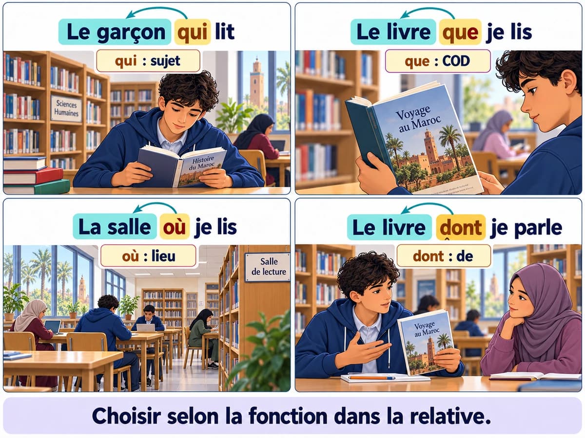 Les pronoms relatifs simples qui, que, où, dont, Français 3AC Qui, que, où et dont relient un nom à une relative selon la fonction du pronom. Français 3AC, semestre 1.