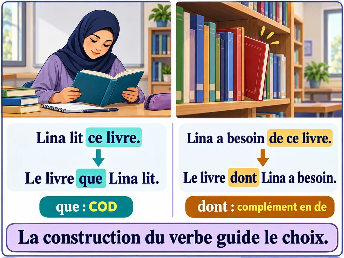 Choisir que ou dont selon le verbe, Français 3AC Que reprend un COD ; dont reprend ici un complément introduit par de. Français 3AC, semestre 1.
