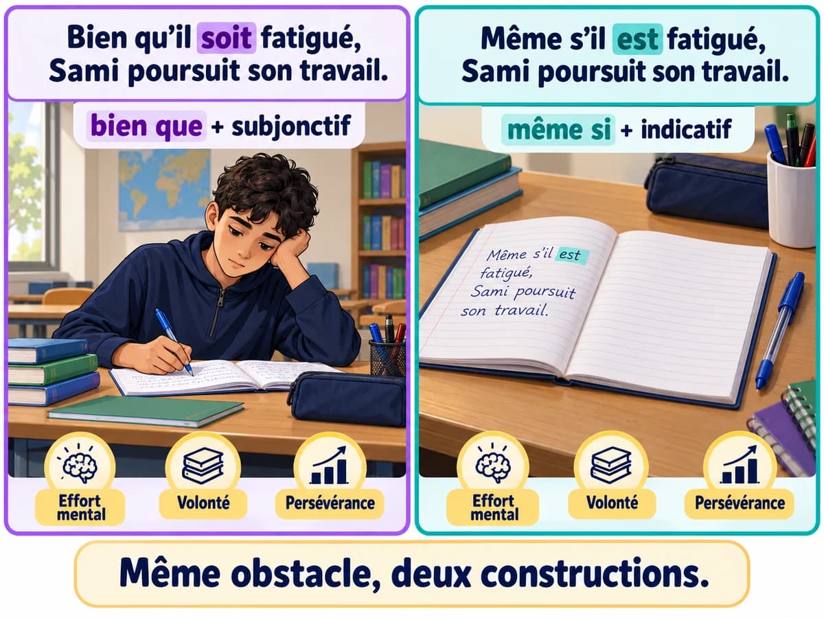 Choisir le mode après bien que ou même si, Français 3AC Bien que impose ici soit au subjonctif ; même si emploie est à l’indicatif. Français 3AC, semestre 2.