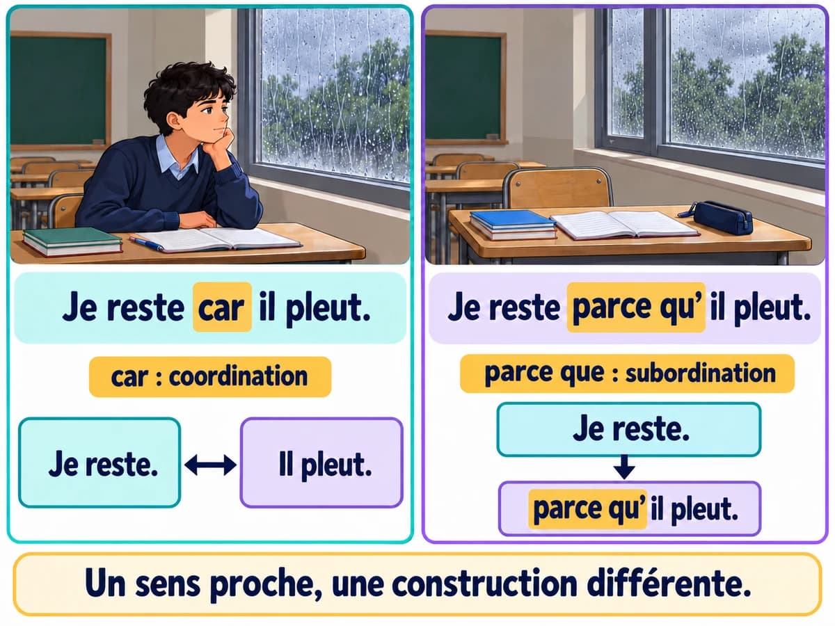 Car et parce que : deux constructions de la cause, Français 3AC Car coordonne ; parce que introduit une subordonnée de cause. Français 3AC, semestre 2.