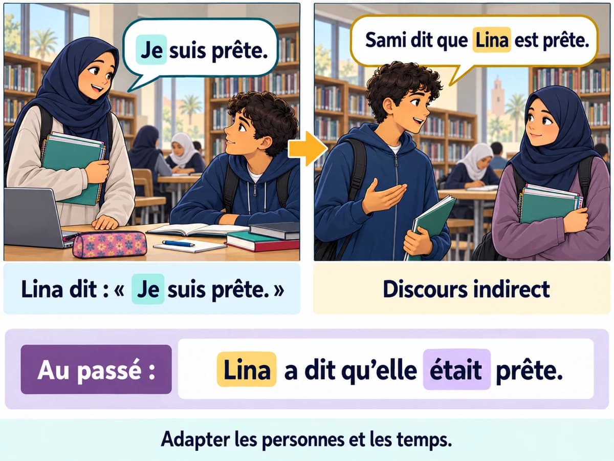 Le discours direct et le discours indirect (Phrase déclarative), Français 3AC Le discours indirect rapporte une déclaration avec que et adapte les personnes et les temps. Français 3AC, semestre 2.