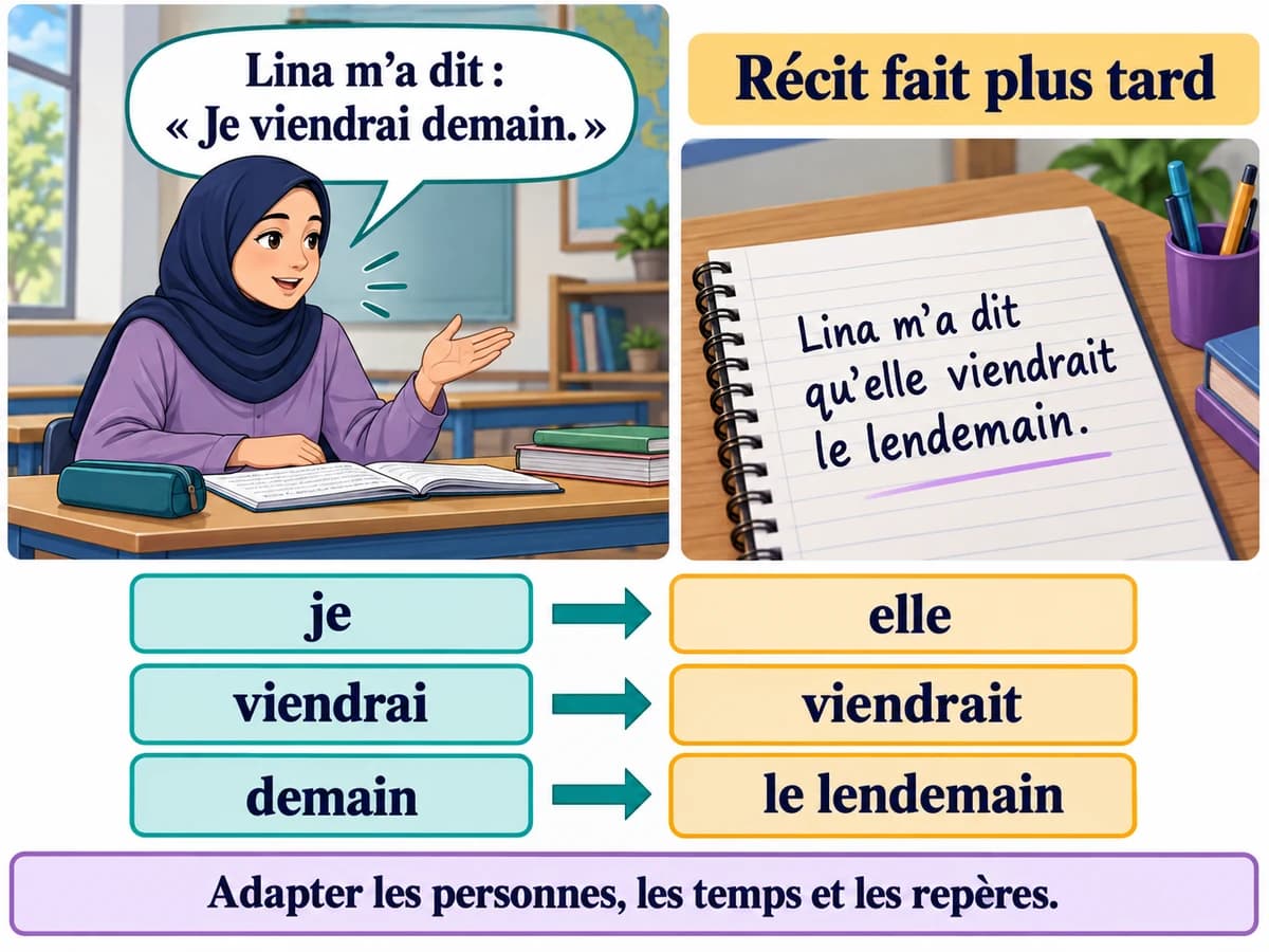 Rapporter des paroles dans un récit ultérieur, Français 3AC Le futur devient conditionnel après l’introducteur au passé ; les repères sont adaptés au récit. Français 3AC, semestre 2.