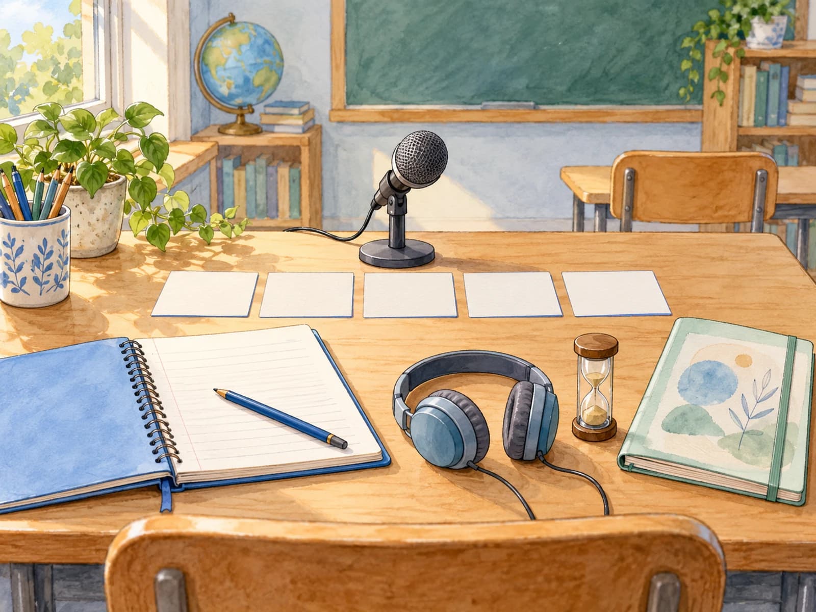 Raconter à l’oral et écouter un récit : illustration du récit Un microphone, cinq cartes de repères, deux carnets bleus, un casque et un sablier sont disposés sur une table de classe.