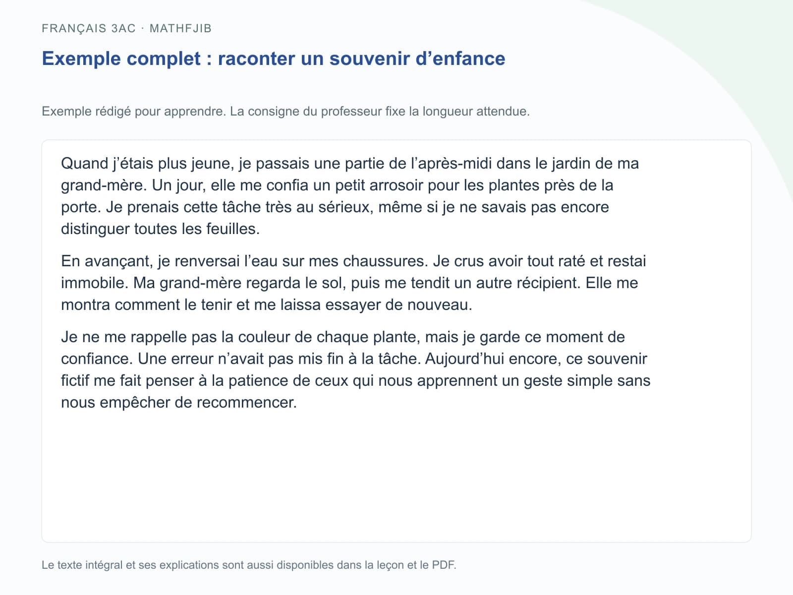 Exemple complet : raconter un souvenir d’enfance Exemple de raconter un souvenir d’enfance, présenté avec ses paragraphes complets et repris dans le texte du cours.