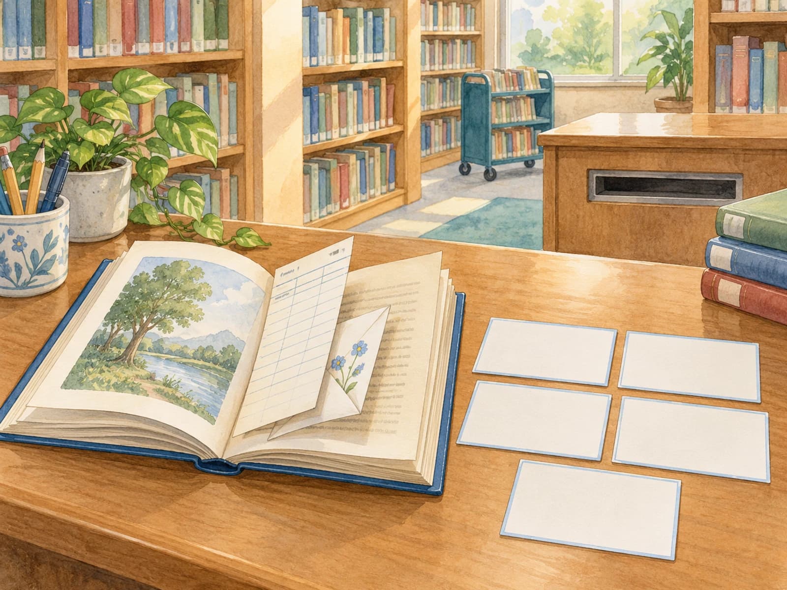 Rédiger le synopsis d’une nouvelle : illustration du récit Un livre ouvert, une fiche de retour et une lettre sont disposés sur un bureau de bibliothèque, à côté de cinq cartes de plan.