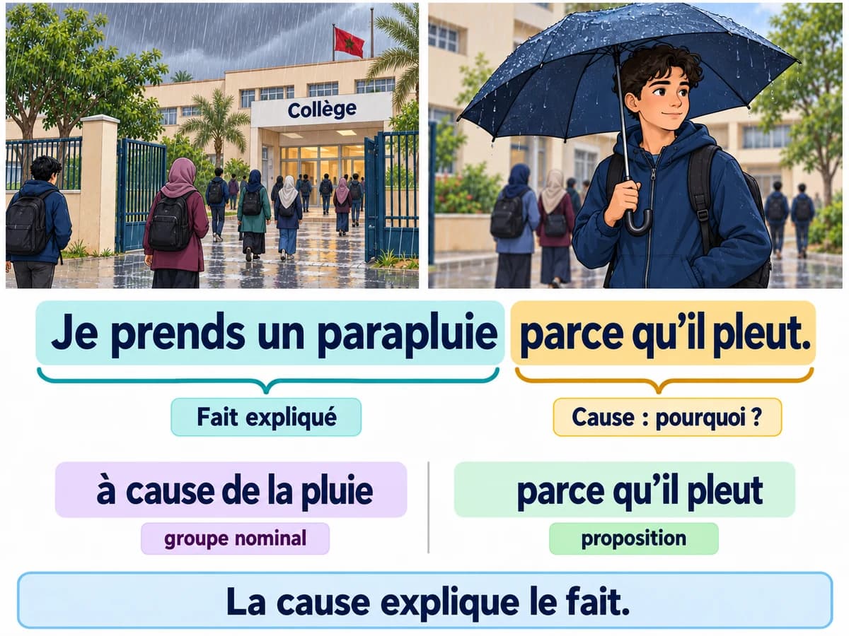 La subordonnée circonstancielle de cause, Français 3AC Parce qu’il pleut est la subordonnée de cause qui explique la prise du parapluie. Français 3AC, semestre 2.