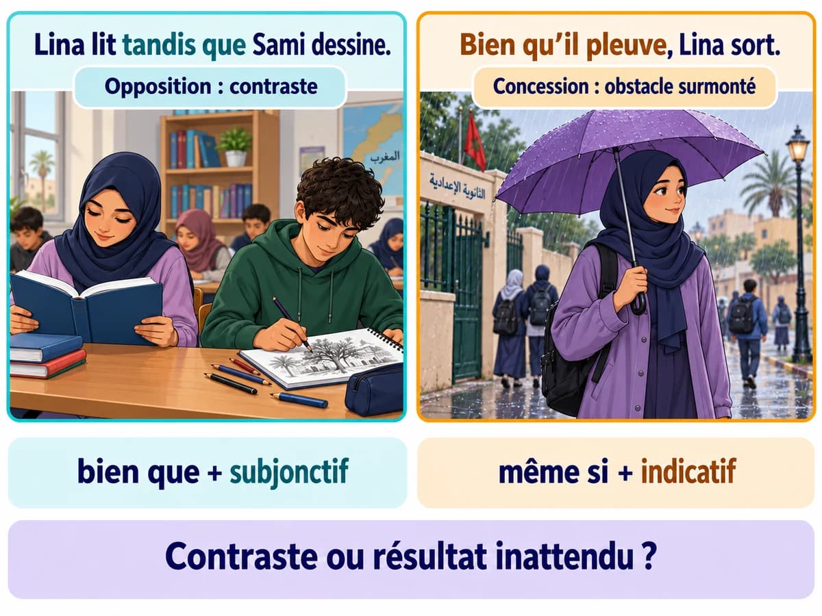 La subordonnée circonstancielle d’opposition ou de concession, Français 3AC Tandis que oppose deux faits ; bien que introduit un obstacle qui n’empêche pas l’action. Français 3AC, semestre 2.
