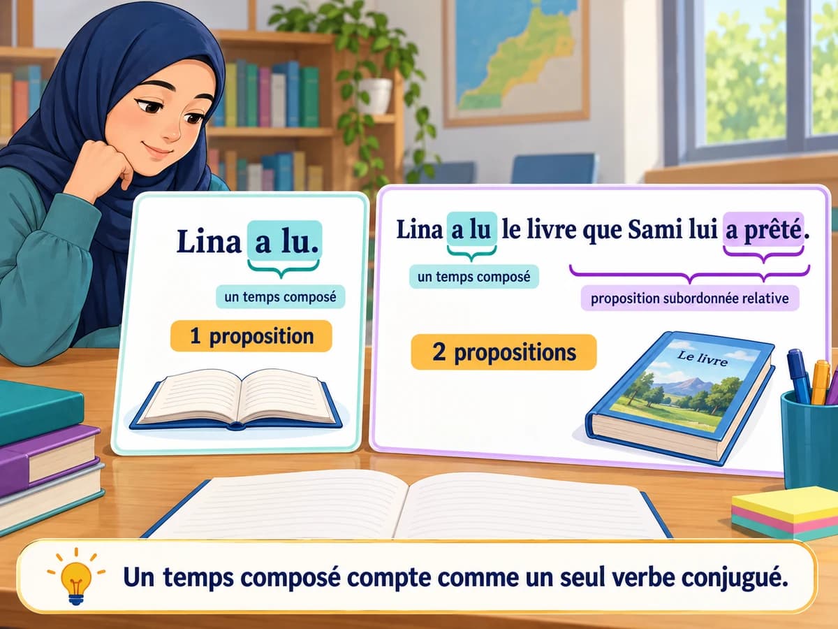 Compter les propositions avec des temps composés, Français 3AC A lu et a prêté sont chacun un verbe conjugué à un temps composé. Français 3AC, semestre 2.