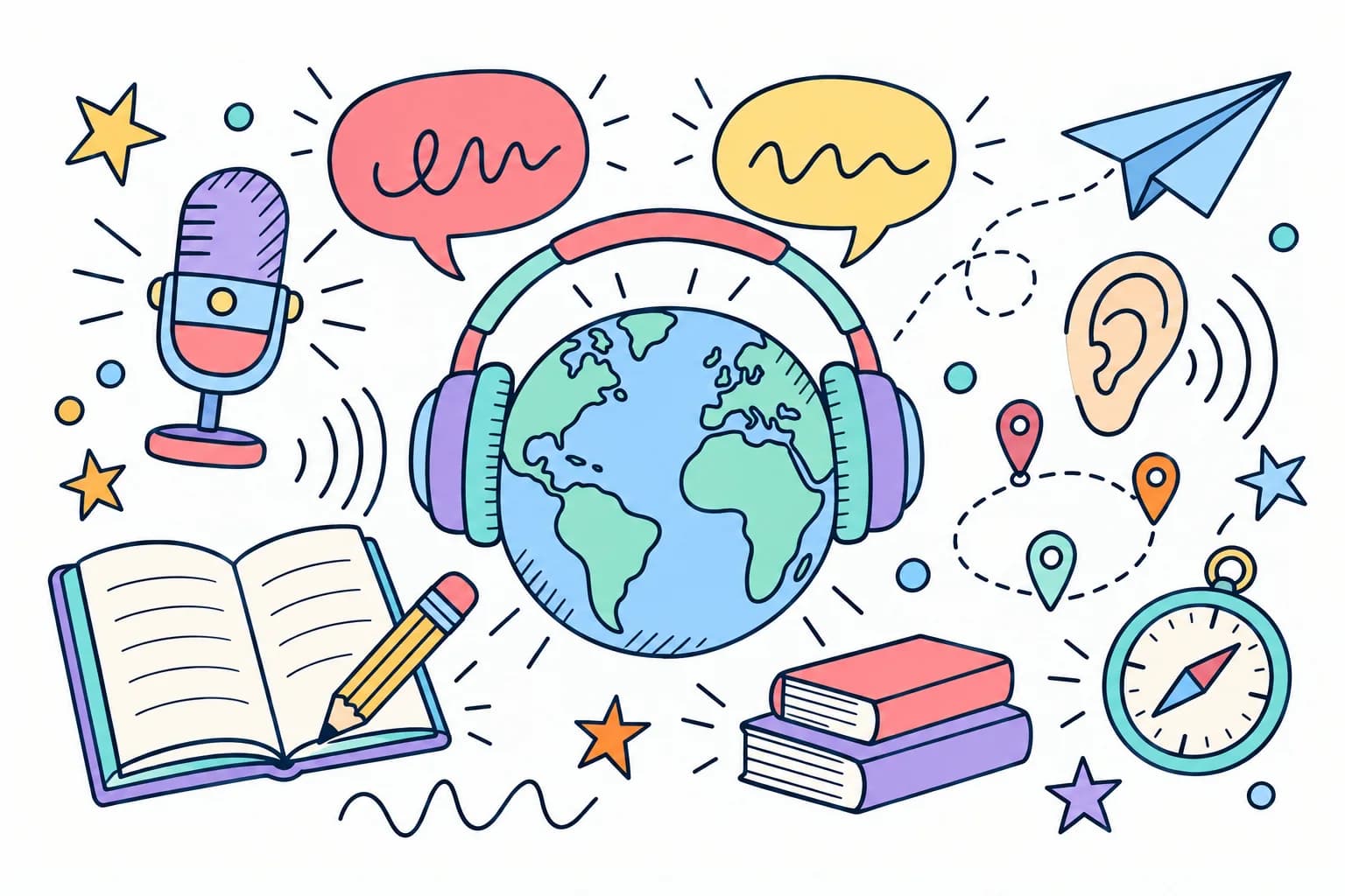 Anglais : cours et exercices du collège au baccalauréat Dessin d'anglais aux couleurs pastel : globe avec casque audio et bulles de dialogue entouré d'un microphone, d'une oreille, d'un carnet, d'un crayon et d'un avion en papier.