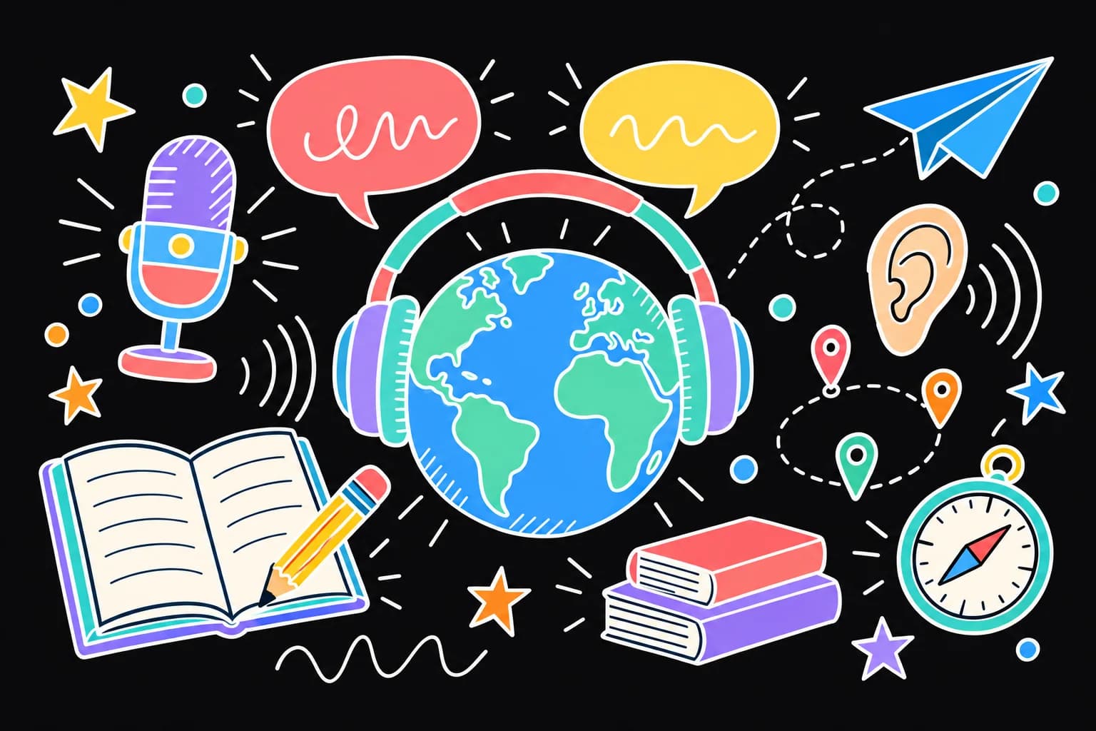 Anglais : cours et exercices du collège au baccalauréat Dessin d'anglais aux couleurs pastel : globe avec casque audio et bulles de dialogue entouré d'un microphone, d'une oreille, d'un carnet, d'un crayon et d'un avion en papier.
