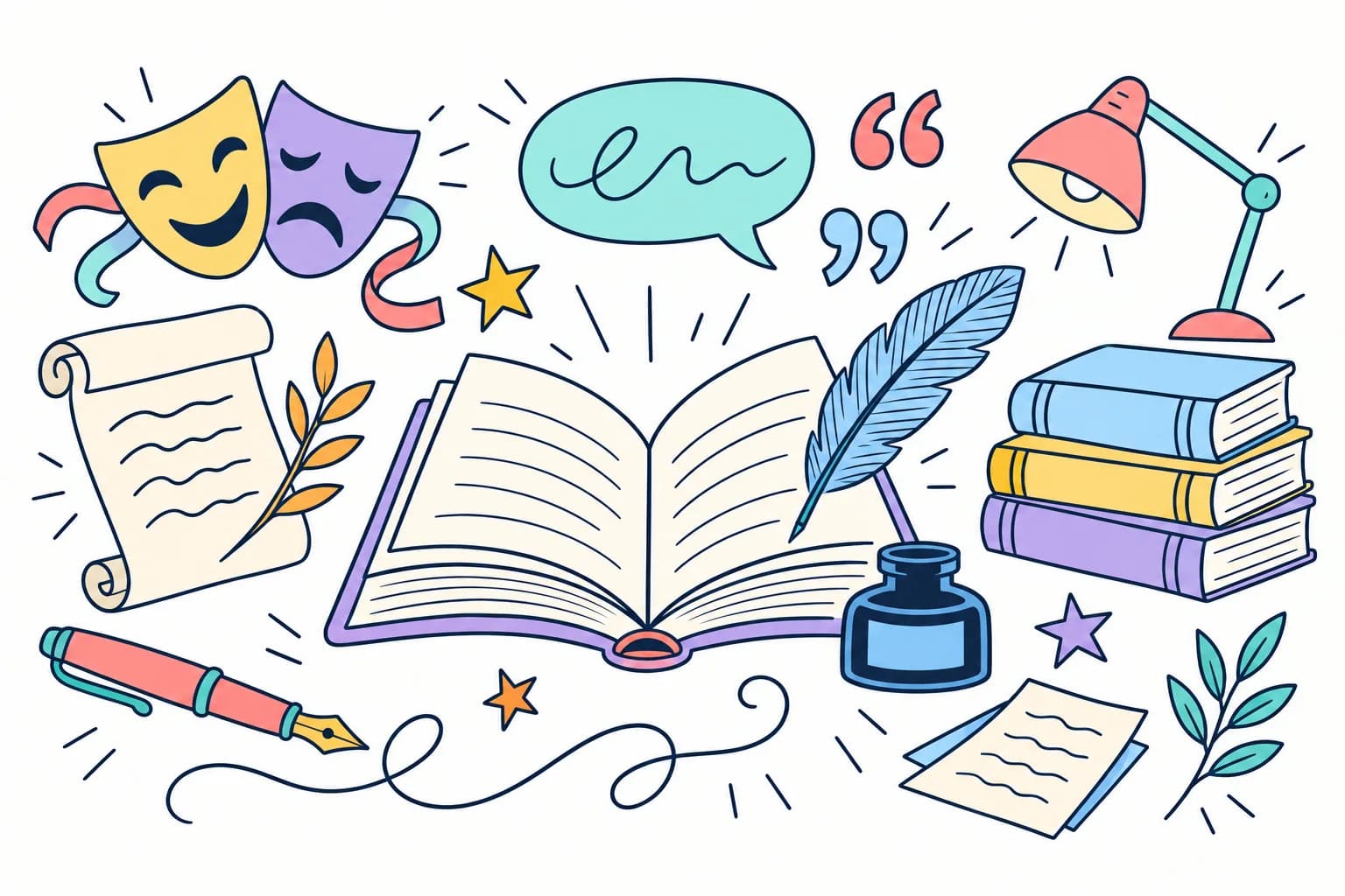 Français : cours et exercices du collège au baccalauréat Dessin de français aux couleurs pastel : livre ouvert, plume et encrier entourés de masques de théâtre, d'une bulle de parole, de livres, d'un stylo et d'une lampe de lecture.