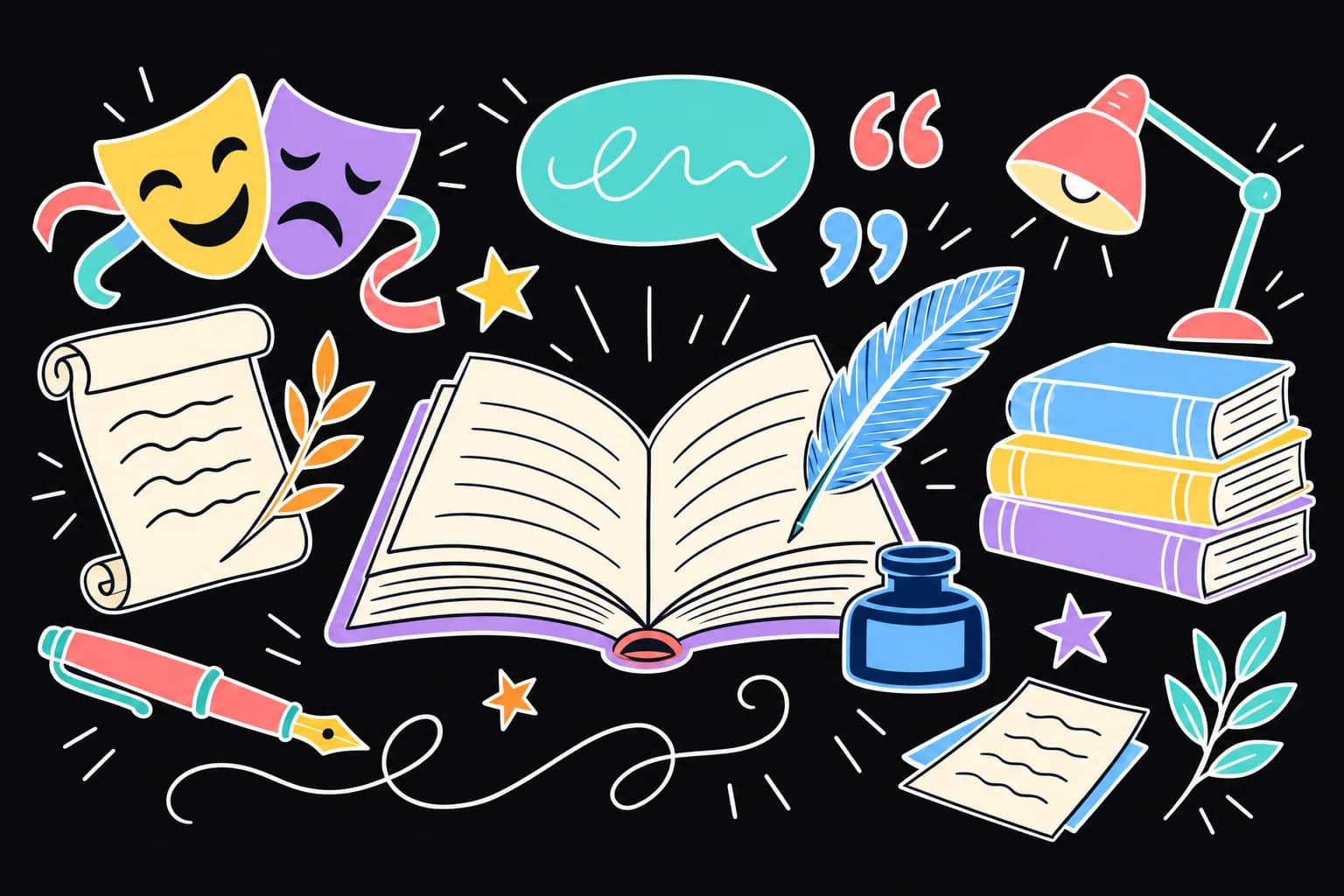 Français : cours et exercices du collège au baccalauréat Dessin de français aux couleurs pastel : livre ouvert, plume et encrier entourés de masques de théâtre, d'une bulle de parole, de livres, d'un stylo et d'une lampe de lecture.