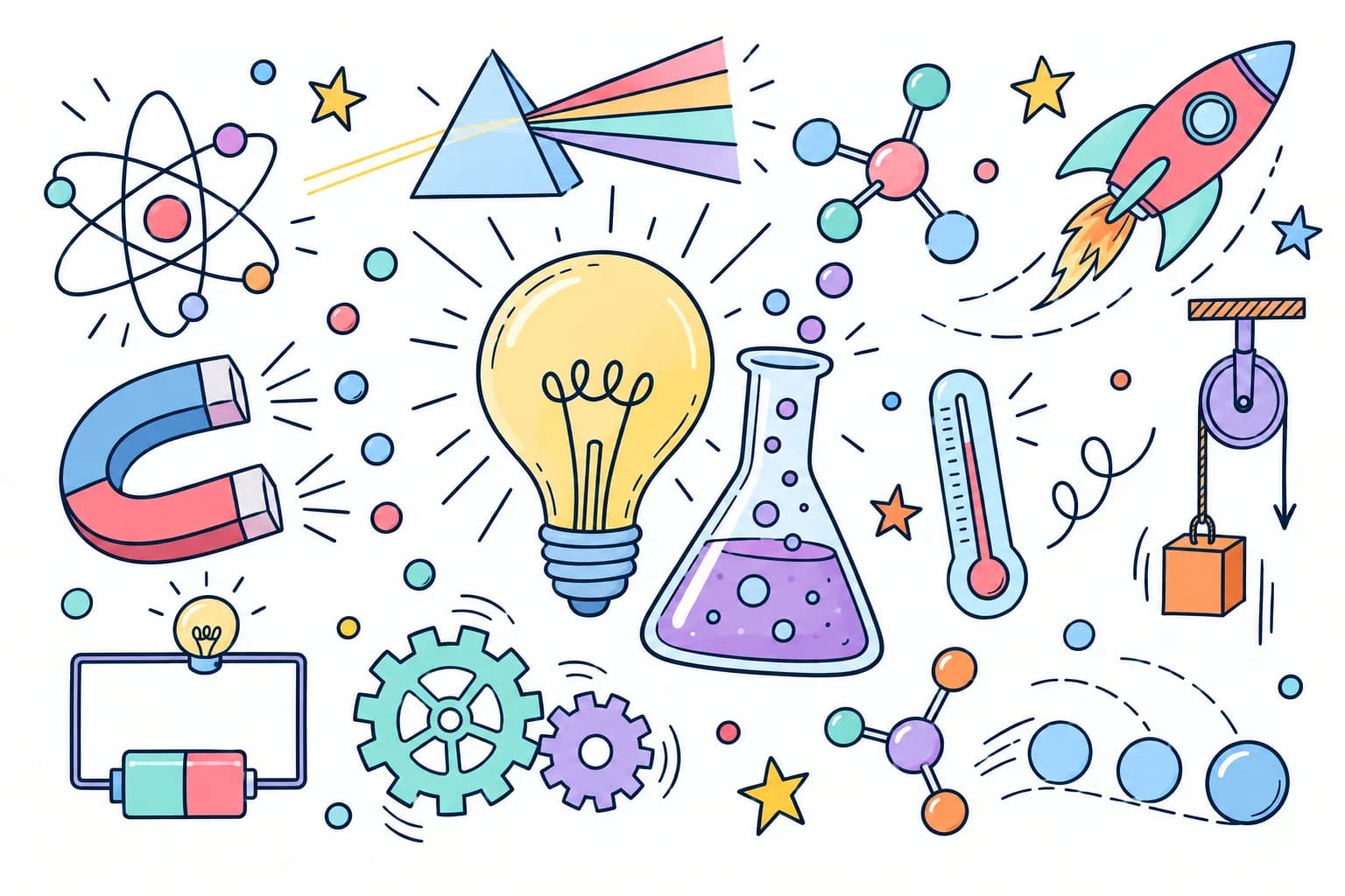 Physique-chimie : cours et exercices du collège au baccalauréat Dessin de physique-chimie aux couleurs pastel : ampoule et fiole entourées d'un atome, d'un aimant, d'un prisme, d'un circuit électrique, d'engrenages et d'une fusée.