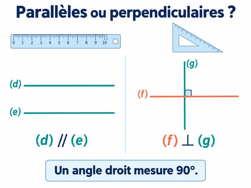 Droites parallèles et perpendiculaires en 1AC Deux droites parallèles sont comparées à deux droites perpendiculaires avec un angle droit codé.