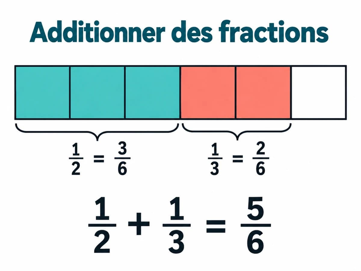Opérations sur les nombres en écriture fractionnaire 1AC Une bande partagée en six montre que 1/2 plus 1/3 représente cinq sixièmes en maths 1AC.
