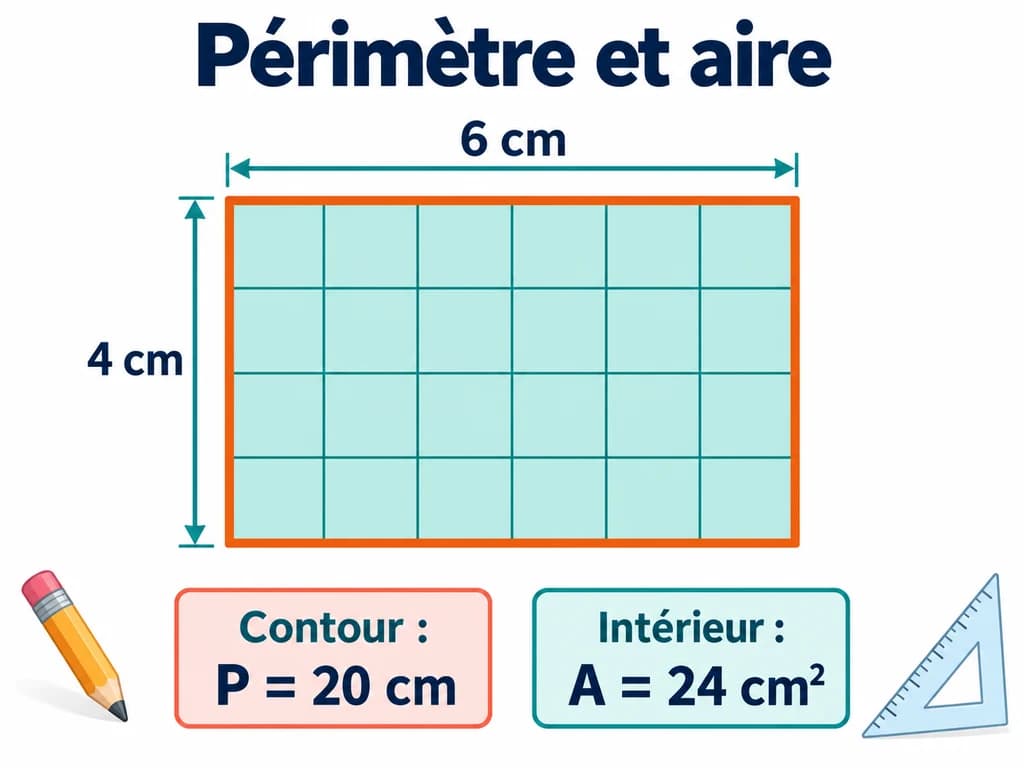 Périmètre et aire du rectangle en 1AC Un rectangle de 6 cm sur 4 cm est partagé en 24 carrés et son contour est surligné.