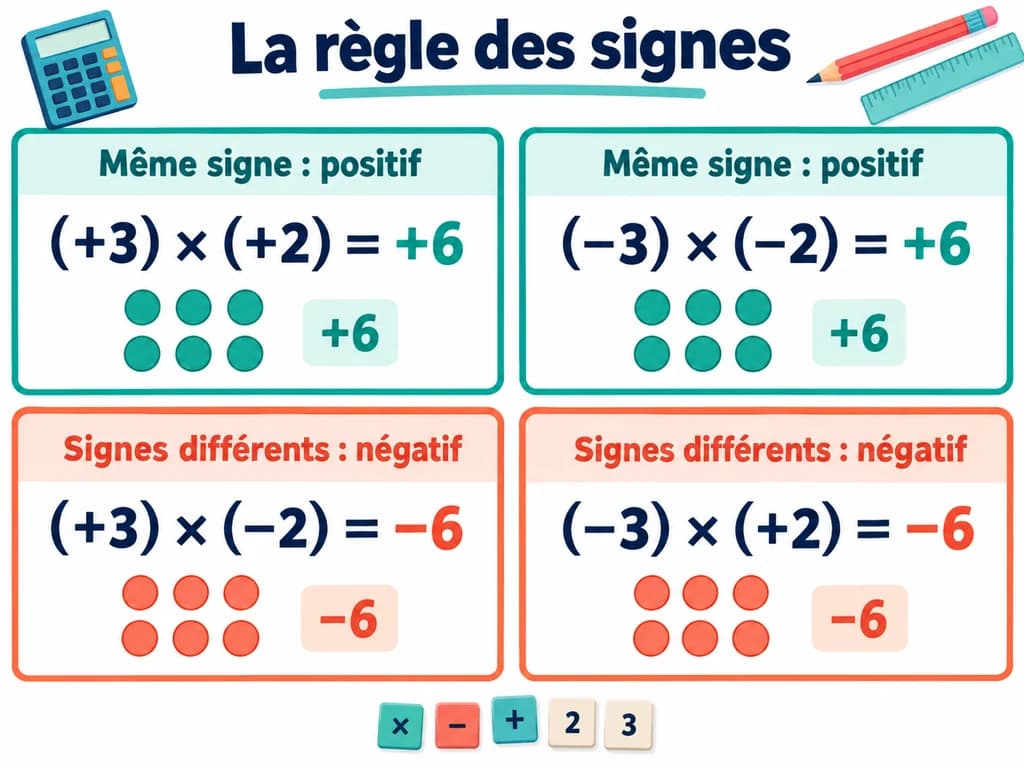 Règle des signes en maths 1AC Quatre produits de nombres relatifs illustrent les signes des résultats avec 3 et 2.
