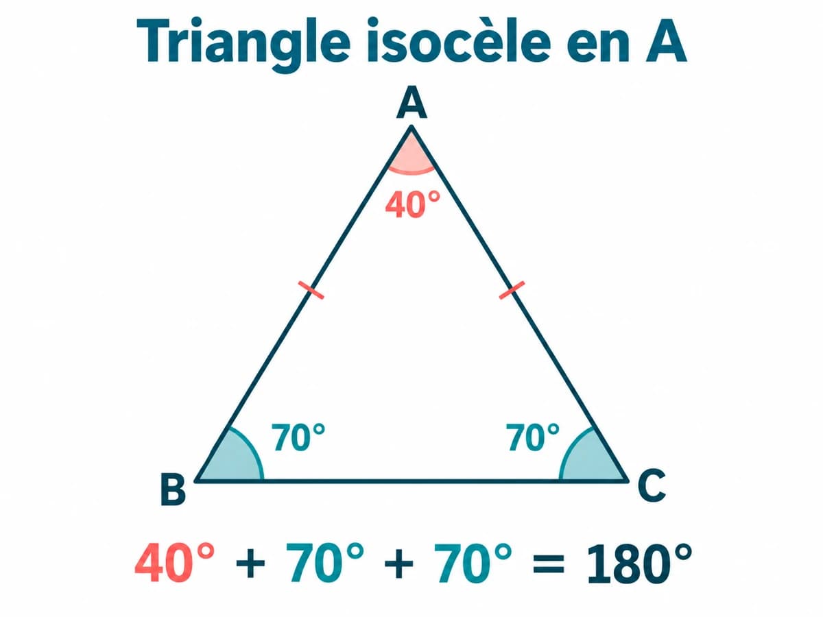 Triangles 1AC : somme des angles et triangle isocèle Un triangle ABC isocèle en A porte un angle de 40° au sommet et deux angles de 70° à la base.
