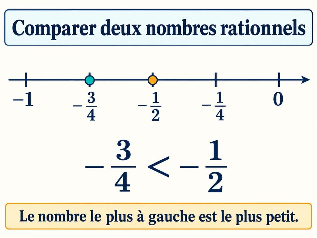 Ordre et opérations 2AC : comparer des fractions négatives Sur une droite graduée, moins trois quarts se situe à gauche de moins un demi et est donc plus petit.
