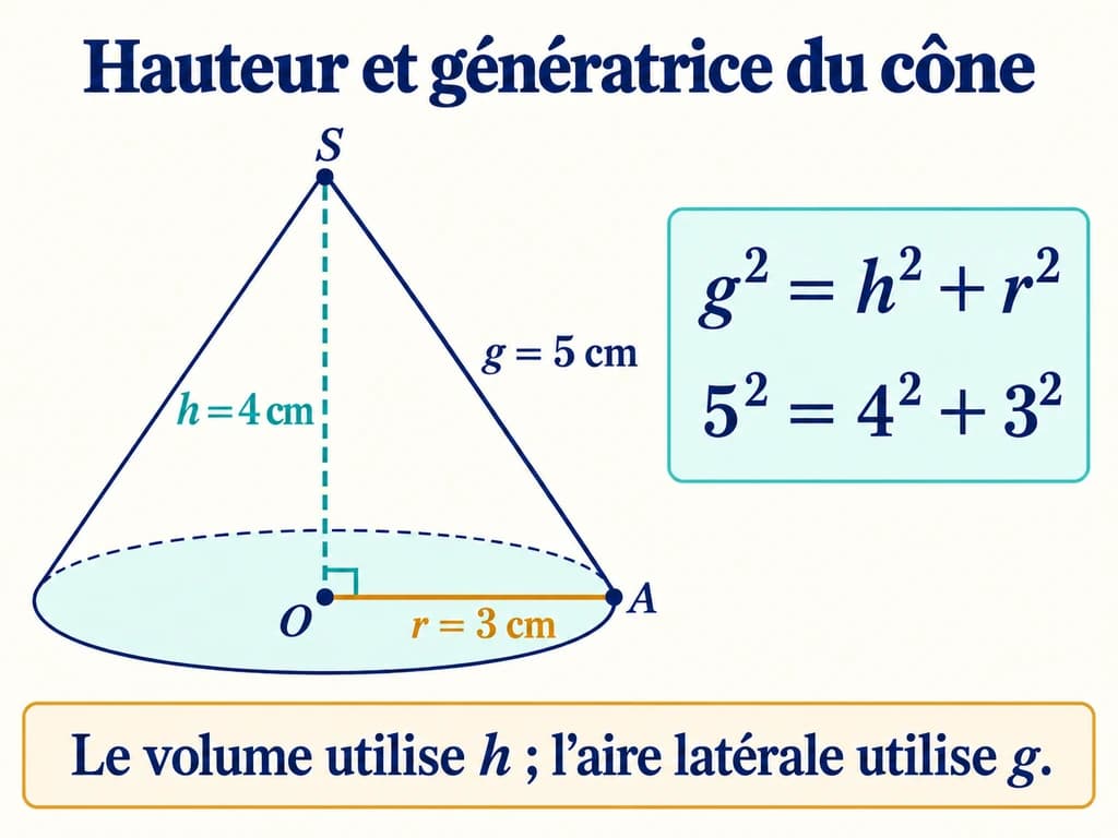 Cône de révolution 2AC : distinguer hauteur, génératrice et rayon Dans une section de cône, la hauteur SO de 4 cm, le rayon OA de 3 cm et la génératrice SA de 5 cm forment un triangle rectangle en O.