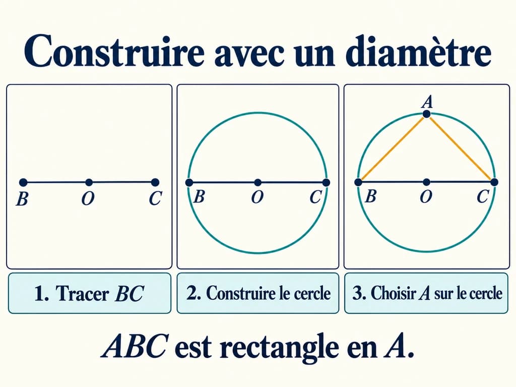 Construction d’un triangle rectangle avec un cercle de diamètre donné en 2AC Trois étapes montrent un segment BC, son cercle de centre O puis un point A du cercle relié à B et C.