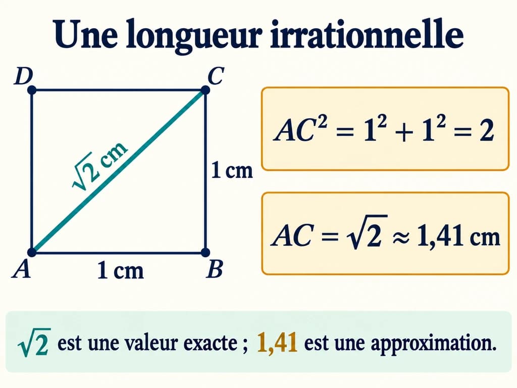 Pythagore 2AC : longueur exacte et approximation de racine de deux La diagonale d’un carré de côté 1 cm mesure exactement racine de deux cm, soit environ 1,41 cm.