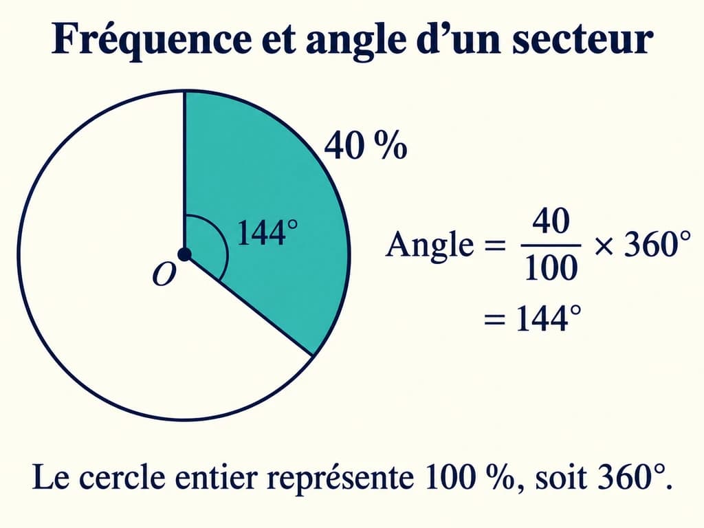 Statistiques 2AC : convertir une fréquence en angle de secteur Un secteur circulaire représentant 40 pour cent du disque a un angle au centre de 144 degrés.