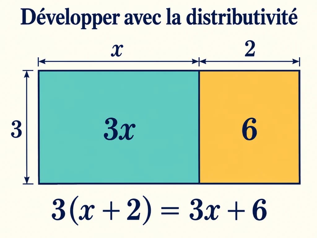 Calcul littéral 2AC : comprendre la distributivité avec les aires Un rectangle de hauteur 3 est partagé en deux rectangles de largeurs x et 2 et d’aires 3x et 6.