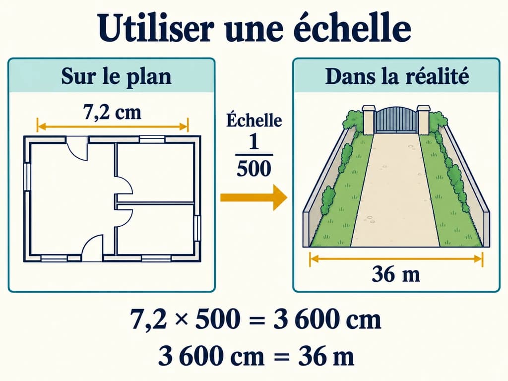 Proportionnalité 2AC : convertir une longueur de plan en distance réelle À l’échelle un cinq-centième, une longueur de 7,2 cm sur un plan correspond à 3600 cm, soit 36 m dans la réalité.