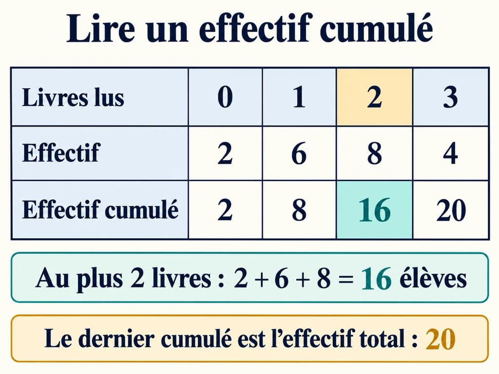 Statistiques 2AC : calculer et lire les effectifs cumulés croissants Un tableau des livres lus associe les effectifs 2, 6, 8 et 4 aux cumulés 2, 8, 16 et 20.