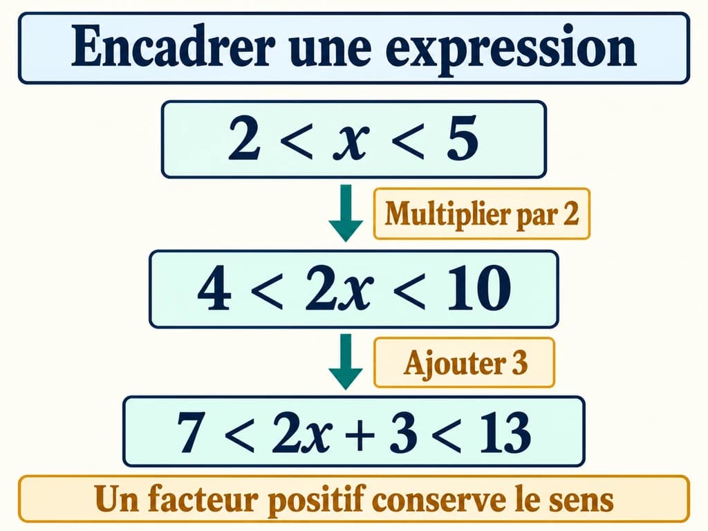 Ordre et opérations 2AC : encadrer une expression étape par étape L’encadrement 2 inférieur à x inférieur à 5 devient 7 inférieur à 2x plus 3 inférieur à 13 après multiplication par 2 puis ajout de 3.
