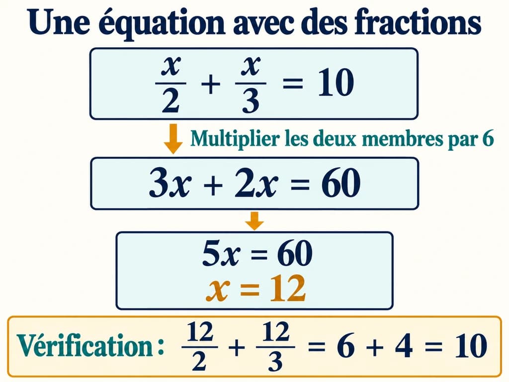 Équations 2AC : supprimer les dénominateurs numériques Une équation contenant x sur 2 et x sur 3 est multipliée par 6 pour obtenir 5x égal à 60, puis x égal à 12.