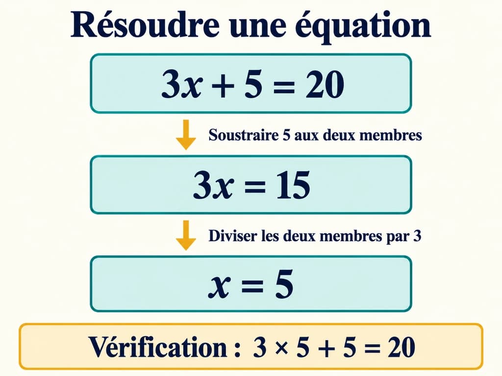 Équations 2AC : résoudre et vérifier 3x + 5 = 20 Les étapes 3x + 5 = 20, 3x = 15 et x = 5 illustrent les mêmes opérations sur les deux membres d’une équation en 2AC.