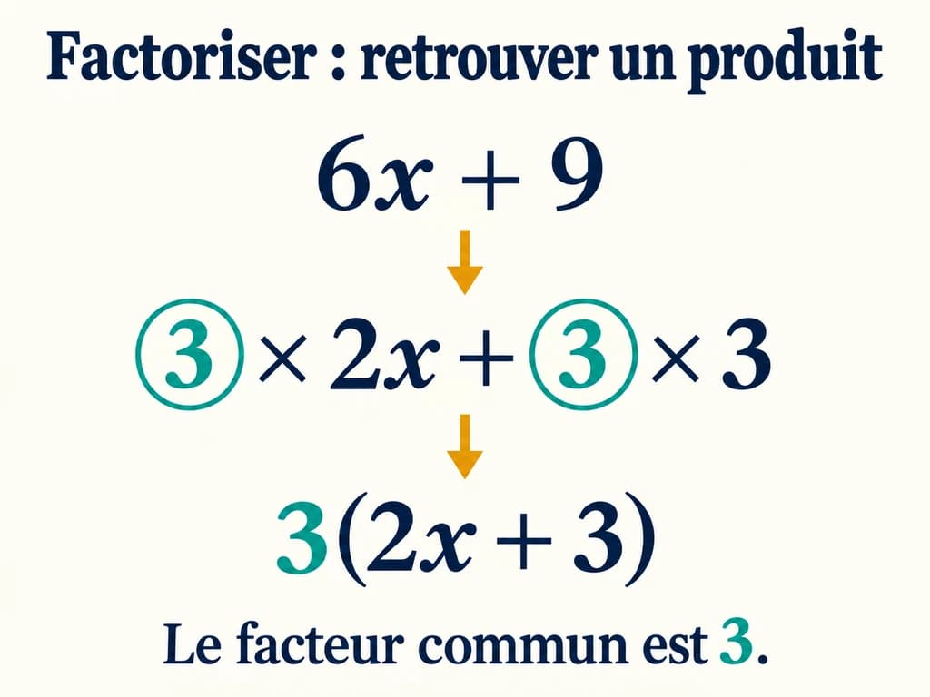 Factorisation 2AC : mettre en évidence le facteur commun Les étapes de factorisation de 6x plus 9 mettent en évidence le facteur commun 3 et donnent 3 fois la somme 2x plus 3.
