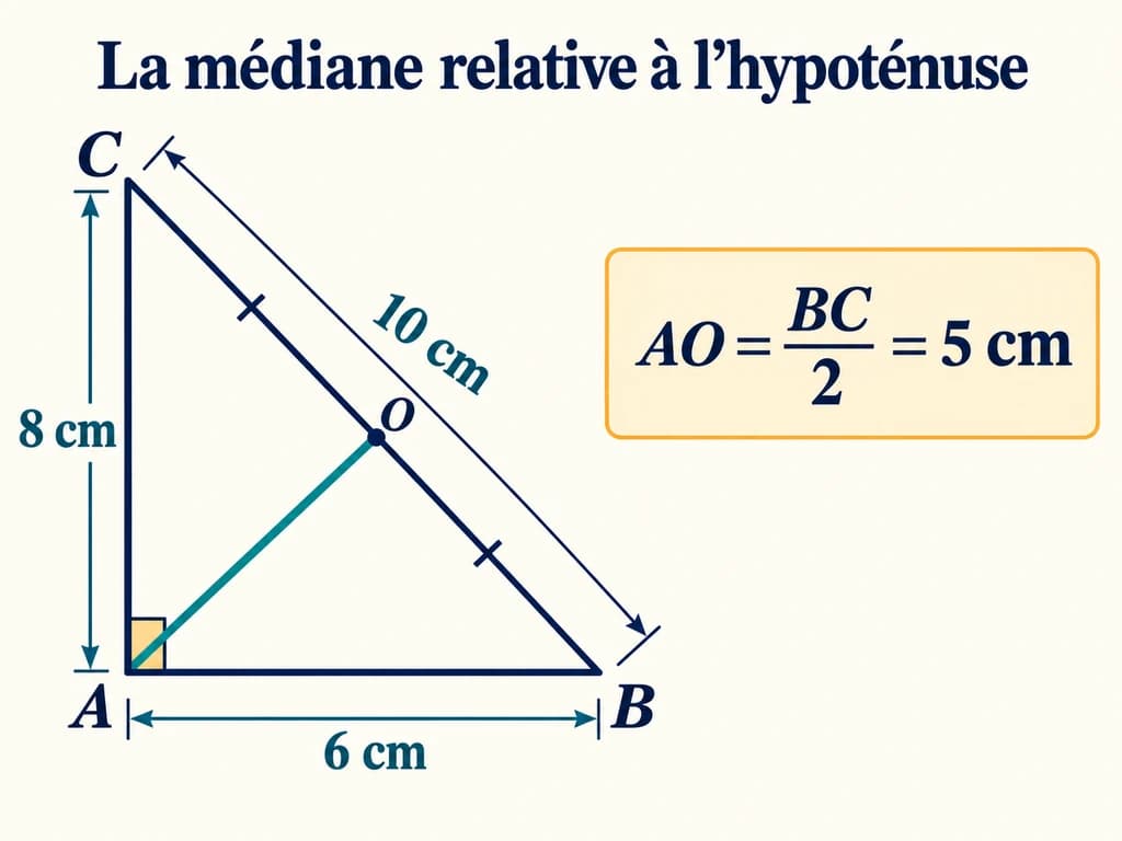 Triangle rectangle et cercle 2AC : médiane et hypoténuse Dans le triangle ABC rectangle en A, O est le milieu de l’hypoténuse BC de 10 cm et la médiane AO mesure 5 cm.