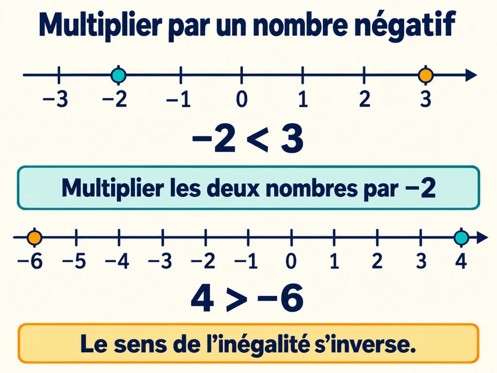 Ordre et opérations 2AC : multiplier par un nombre négatif Deux droites graduées comparent moins 2 et 3 puis leurs produits par moins 2, soit 4 et moins 6, avec inversion du sens de l’inégalité.