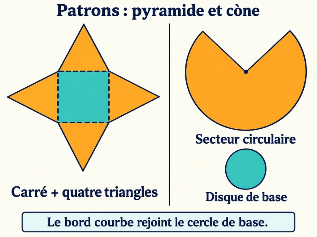 Patrons de pyramide et de cône de révolution 2AC Le patron d’une pyramide comporte un carré et quatre triangles ; celui d’un cône comporte un disque et un secteur circulaire.