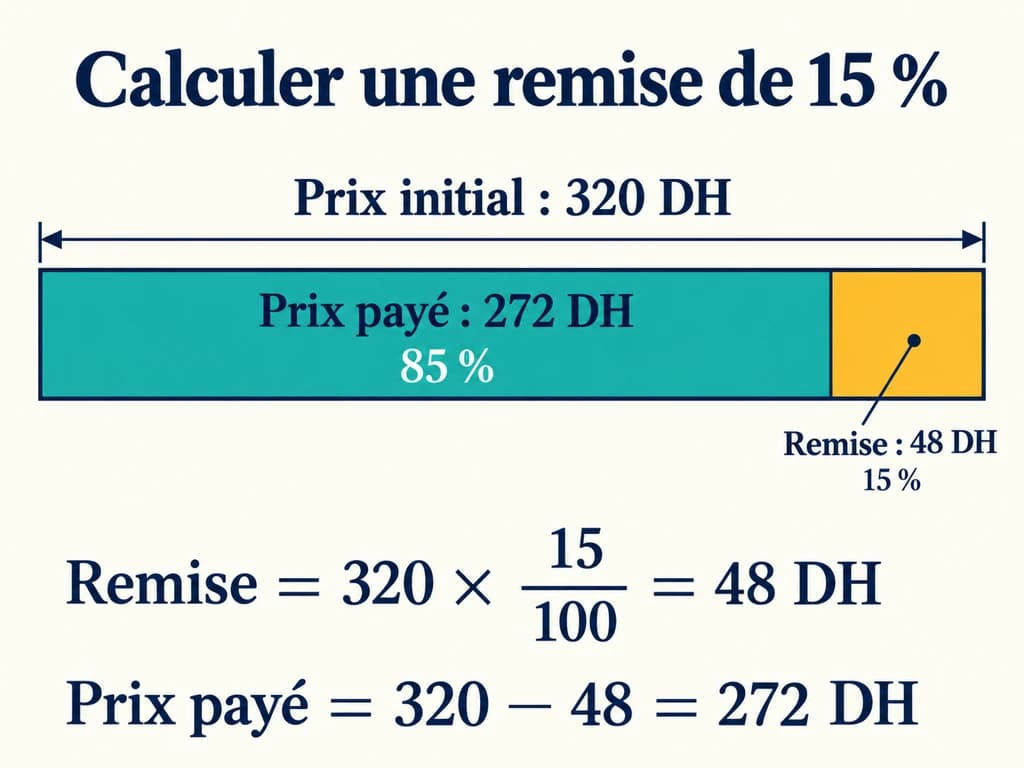 Proportionnalité 2AC : calculer une remise et un prix final Une barre de prix de 320 DH distingue la remise de 15 pour cent, soit 48 DH, et le prix payé de 272 DH.
