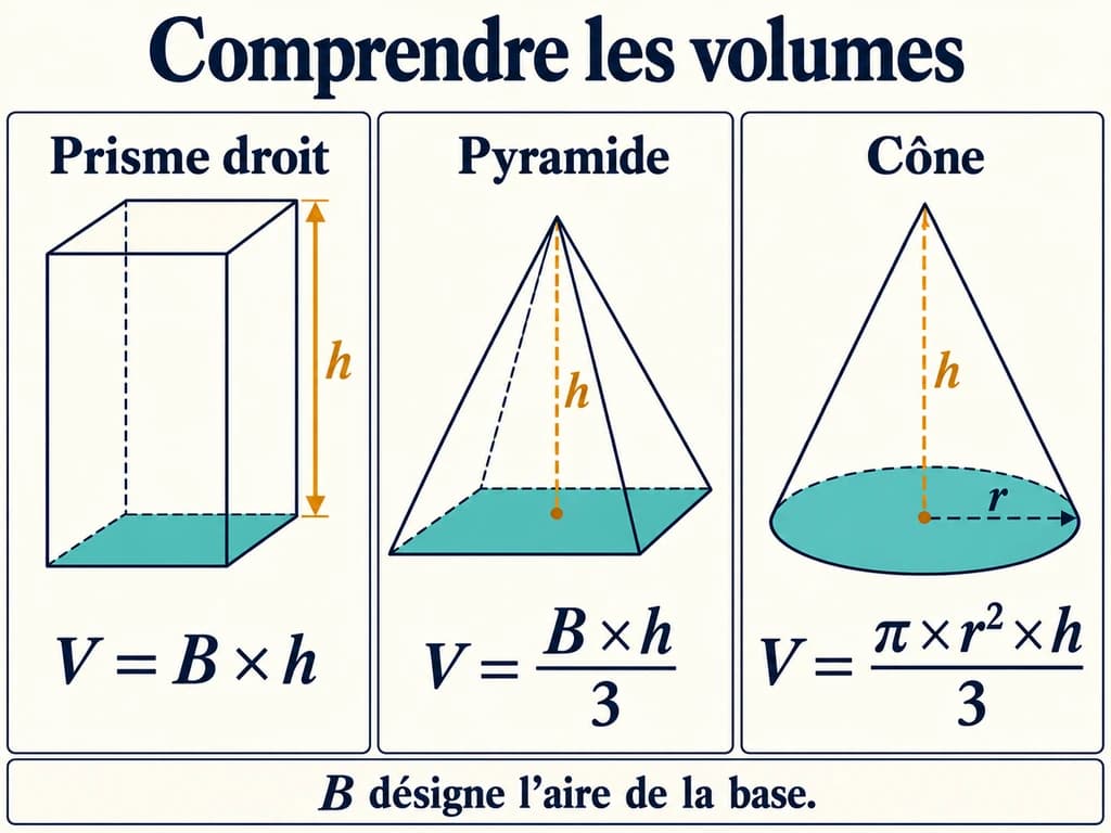 Prisme droit, pyramide et cône de révolution 2AC : volumes Un prisme droit, une pyramide et un cône distinguent la base et la hauteur perpendiculaire pour comparer leurs formules de volume.