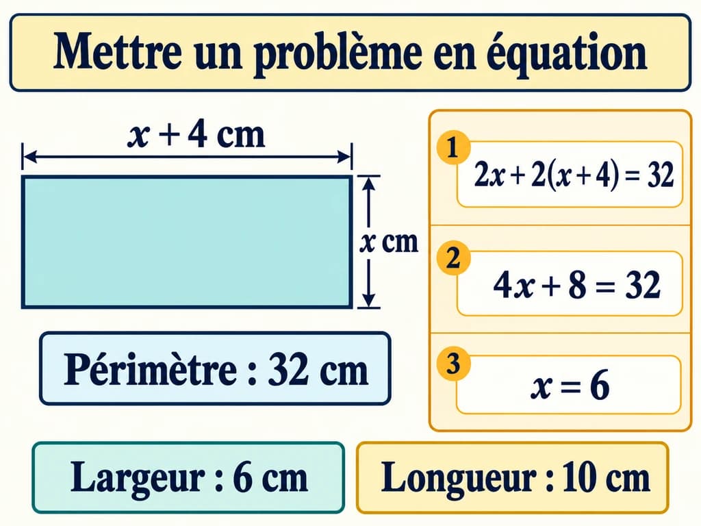 Équations 2AC : mettre un périmètre de rectangle en équation Un rectangle de largeur x et de longueur x plus 4 a un périmètre de 32 cm ; les calculs donnent une largeur de 6 cm et une longueur de 10 cm.