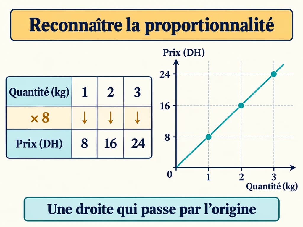 Proportionnalité 2AC : tableau, coefficient et graphique Un tableau associe 1, 2 et 3 kg aux prix de 8, 16 et 24 DH ; les points correspondants sont alignés avec l’origine sur un graphique.