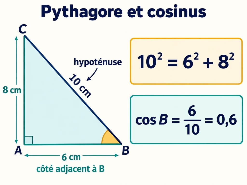 Théorème de Pythagore et cosinus d’un angle aigu 2AC Un triangle ABC rectangle en A de côtés 6, 8 et 10 cm relie l’égalité de Pythagore au cosinus de l’angle B égal à 0,6.