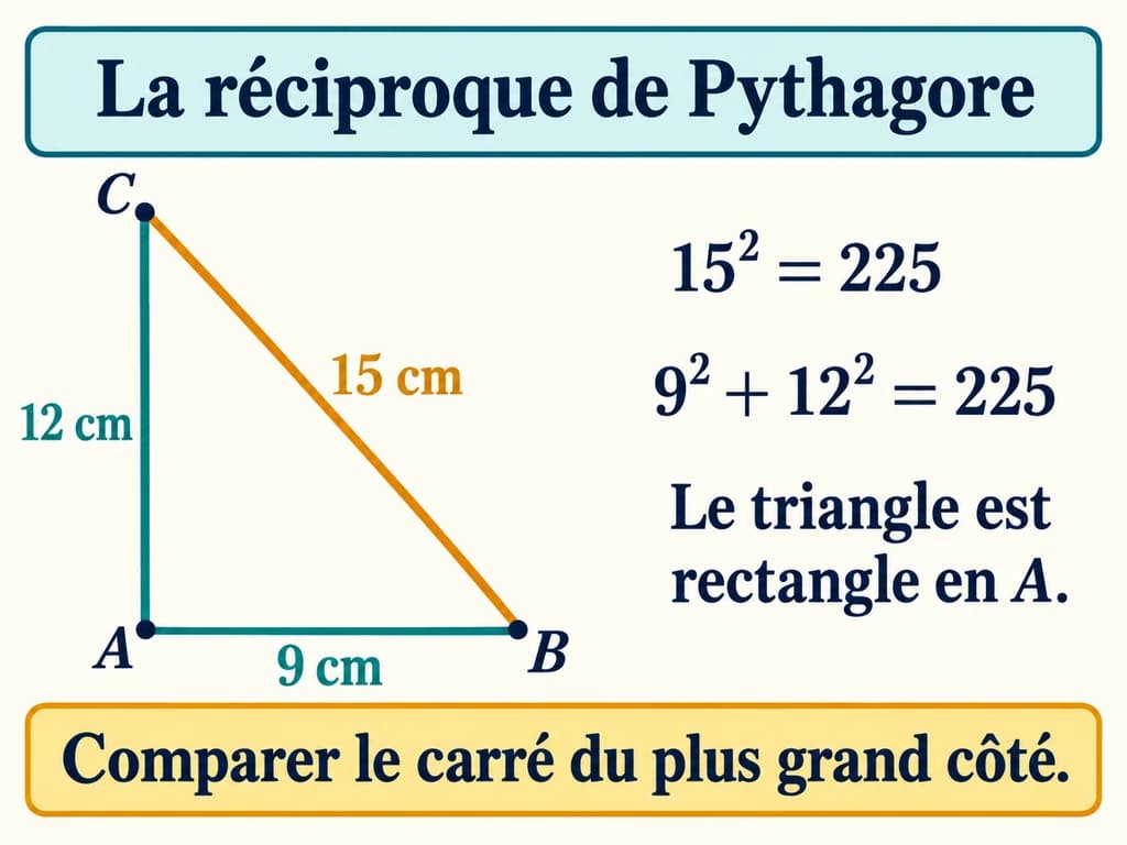 Réciproque de Pythagore 2AC : vérifier les carrés des longueurs Les côtés 9, 12 et 15 cm d’un triangle sont comparés par les calculs 15 au carré et 9 au carré plus 12 au carré.